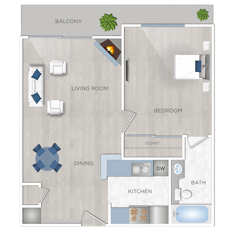 Floor plan for 1 bed, 1 bath, 565 sqft